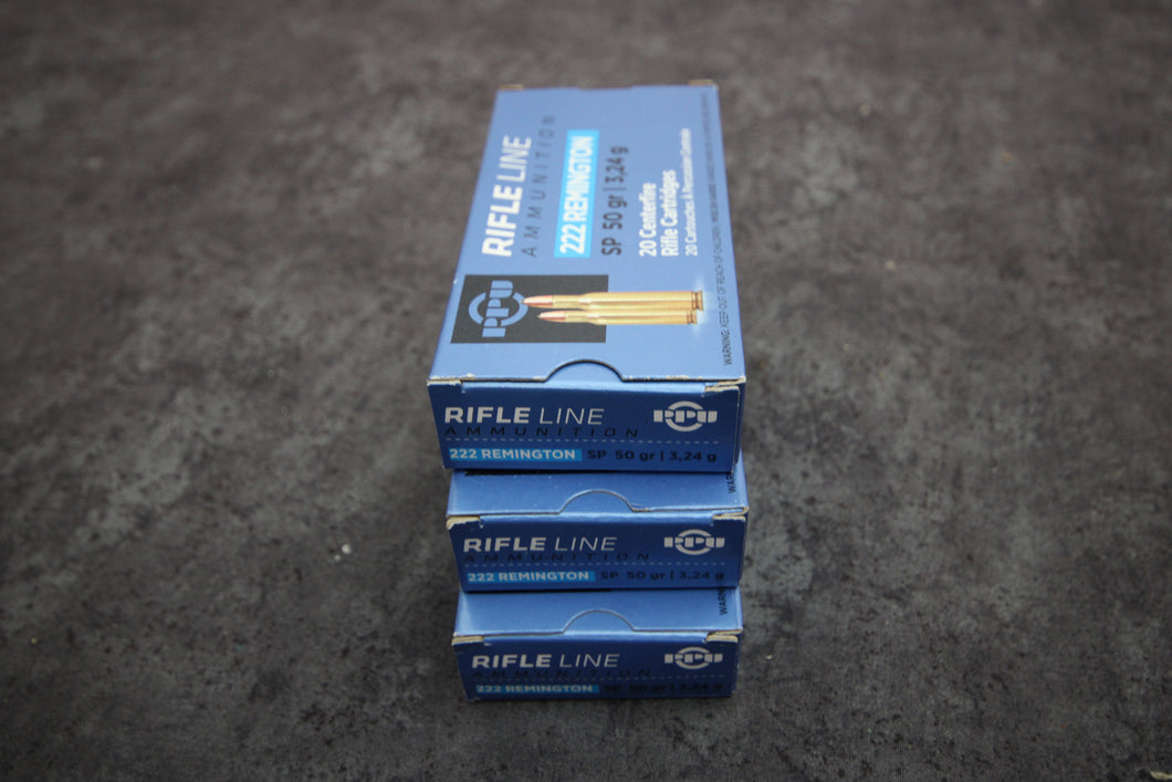 60 (3 boxes of 20) PPU Rifle Line 222 Rem Cartridges with 50 Gr Soft Point Bullets